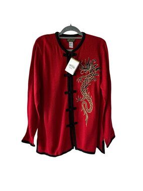 Bob Mackie Wearable Art Dragon Embroidered Red Black Button Knit Jacket Size L